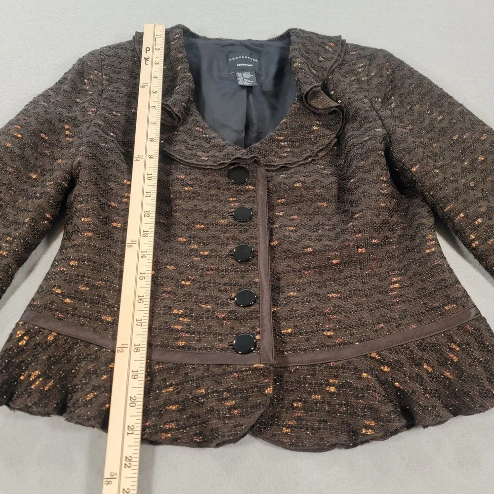 Doncaster Brown Tweed Skirt Suit Metallic Ruffle Silk Trim 2 Piece Women's 10